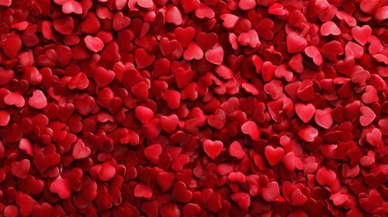 Red heart-shaped decorations scattered on a textured surface for valentine’s day top view, romantic love-themed background for greeting cards, invitations, and festive designs