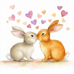 Two Cute Bunnies in Love with Hearts, Romantic Watercolor Illustration