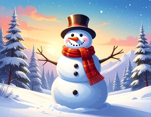 Cheerful snowman with scarf and top hat stands against a snowy winter landscape sunset