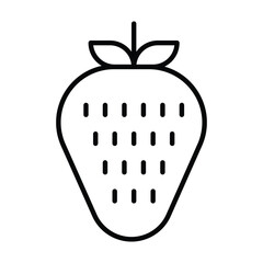 A black outlined strawberry icon on a white background It has seeds leaves and a stem