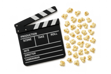 Clapperboard with popcorn on a transparent background, symbolizing film making, media production, and home movie viewing