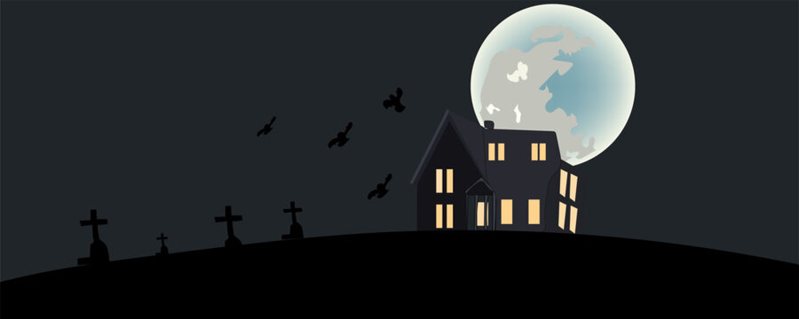Silhouette haunted mansion on the hill with graveyard, dead tree, bats, full moon and angle of death have night sky background graphic illustration.