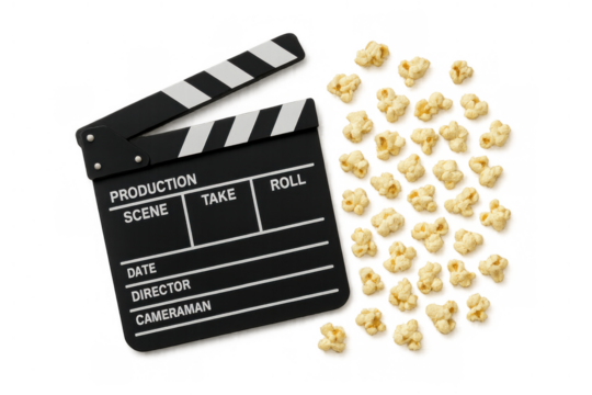 Clapperboard with popcorn on a transparent background, symbolizing film making, media production, and home movie viewing
