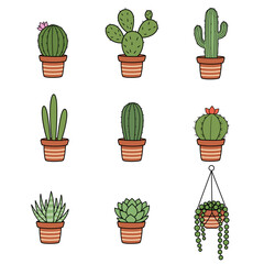 A collection of 9 cactus and succulent plants in striped terracotta pots. The set includes prickly pear, saguaro, and string of pearls. Perfect for stickers, icons, or children's design.