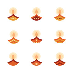 A collection of 9 stylized, flat design Diya icons. The set features various geometric patterns in warm, earthy tones, perfect for Diwali, Deepavali. Isolated vector elements on a white background.