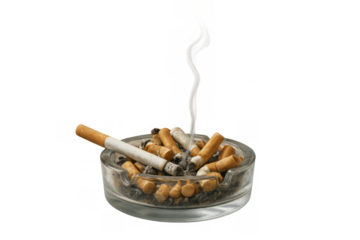 Ashtray full of cigarette butts with lit cigarette, representing addiction and health risks, on transparent background