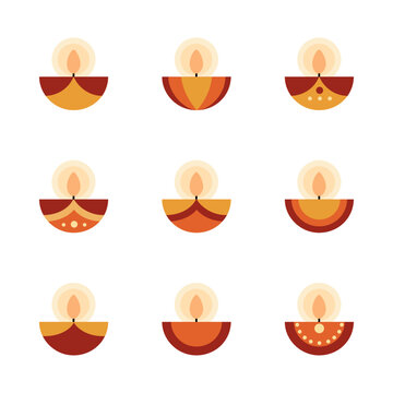 A collection of 9 stylized, flat design Diya icons. The set features various geometric patterns in warm, earthy tones, perfect for Diwali, Deepavali. Isolated vector elements on a white background.