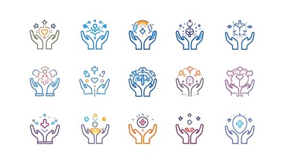 A collection of various hand illustrations in different vibrant colours, each with an icon held within, featuring line-art and a white background
