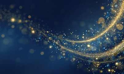 Abstract festive background with gold and blue sparkle light creating elegant luxury glamorous celebration atmosphere for holiday party with bright glowing particles.