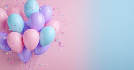 Colorful balloons celebration with pink blue purple and confetti. Joyful party decoration floating against soft gradient.