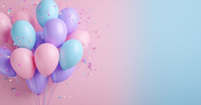 Colorful balloons celebration with pink blue purple and confetti. Joyful party decoration floating against soft gradient.