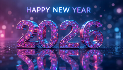 Glittering 2026 numbers with Happy New Year text and bokeh lights image