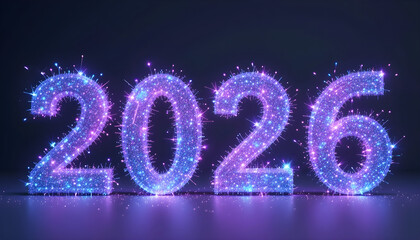 Glowing 2026 numbers with sparkling light particles and fireworks year celebration