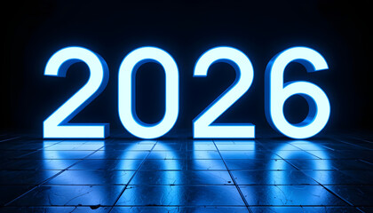 Glowing blue neon numbers 2026 on dark tiled floor year future