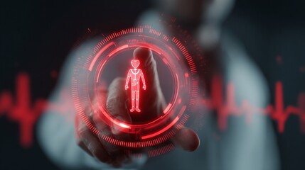 A hand reaching out to interact with a futuristic holographic display of a human figure, emphasizing technology and innovation.