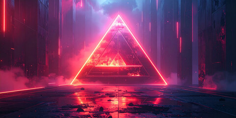 Striking red neon triangle portal pulses within a dark, misty cyberpunk city, reflecting its vibrant glow on wet ground, a symbol of AI's enigmatic power
