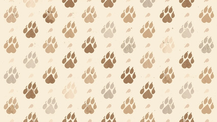 A seamless animal paw print pattern illustration background marching in diagonal trails on light beige