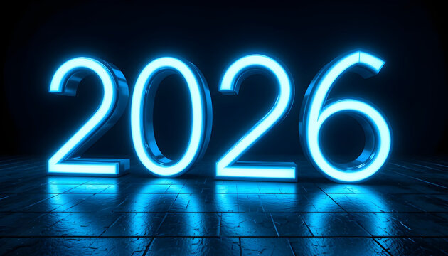 Glowing blue neon numbers 2026 on dark reflective surface year