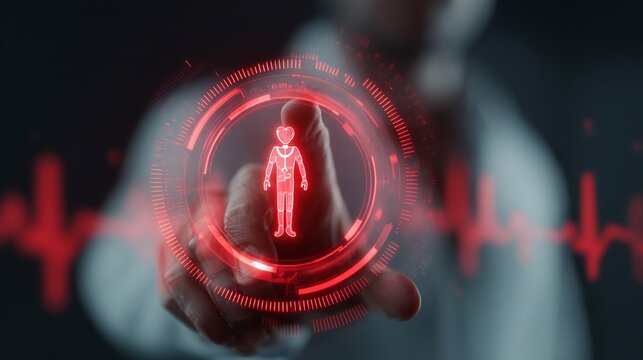 A hand reaching out to interact with a futuristic holographic display of a human figure, emphasizing technology and innovation.