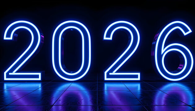 Glowing blue neon numbers 2026 on reflective dark floor image