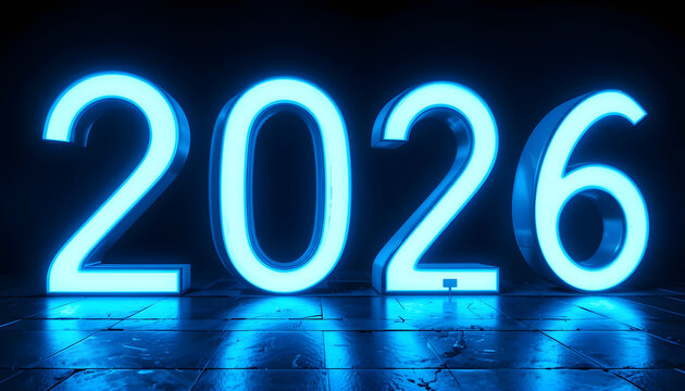 Glowing blue neon numbers 2026 on reflective dark floor year future