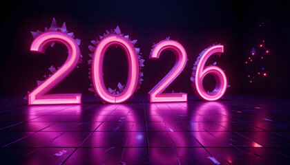 Glowing pink neon numbers 2026 with crystal accents on reflective floor year future