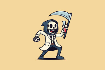 Grim Reaper Scientist with Scythe and Test Tube Cartoon Illustra