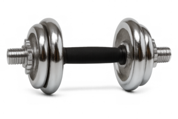 Adjustable chrome barbell with weight plates for fitness, strength training, and building muscle, on transparent background