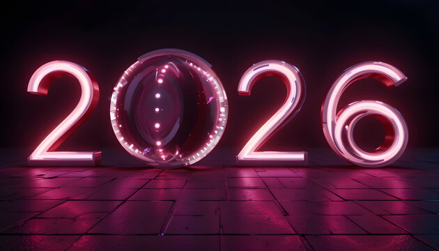 Glowing neon numbers 2026 with a transparent sphere on a dark tiled floor text year