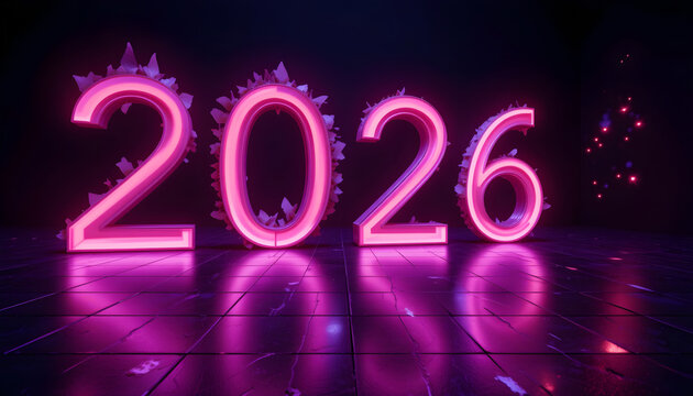 Glowing pink neon numbers 2026 with crystal accents on reflective floor year future