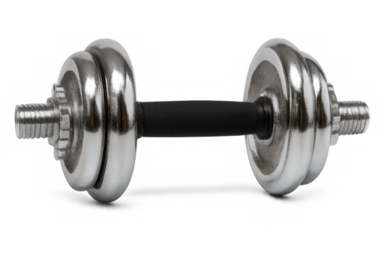 Adjustable chrome barbell with weight plates for fitness, strength training, and building muscle, on transparent background