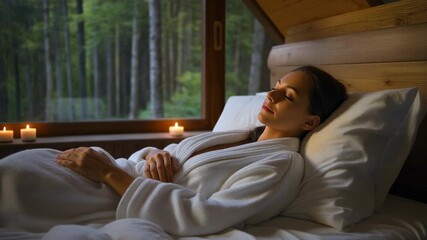 Woman relaxing peacefully with forest view, enjoying wellness retreat spa getaway