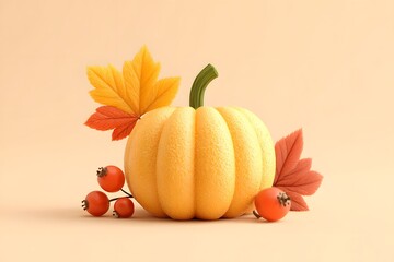 Autumn pumpkin still life with leaves and berries on a soft peach color background