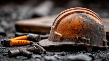 Close-up of worn orange safety helmet and tools resting on a bed of dark, granular debris. Suggests a worksite