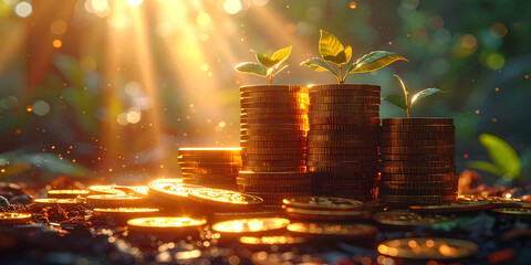 Growing Investments Coins with Sprouts Representing Financial Growth and Success with Sunlit Background