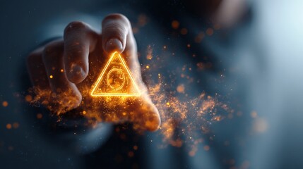 A close-up of a hand holding a glowing triangular symbol, surrounded by sparks, creating a mystical and futuristic atmosphere.