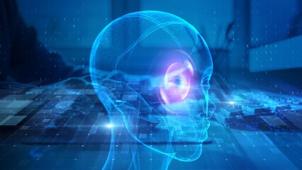 Futuristic AI Brain Outline with Digital Blue Holographic Effects and Technology