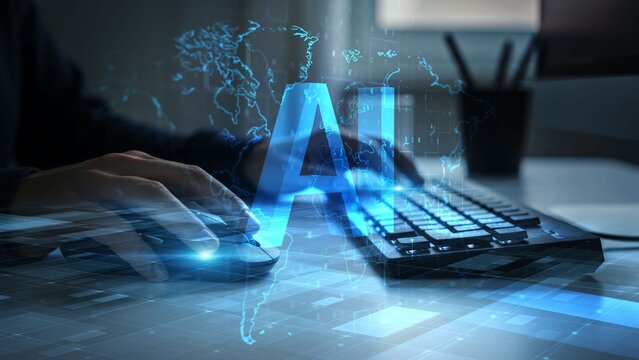 Futuristic Technology Concept with Hands Typing and AI Holographic Display on a Keyboard