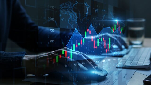 Data Analyst Using Computer with Graphs and Financial Charts on Screen