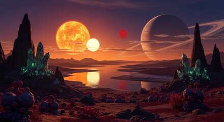 Alien Planet Landscape with Three Suns, Crystals, and Ringed Planet at Sunset