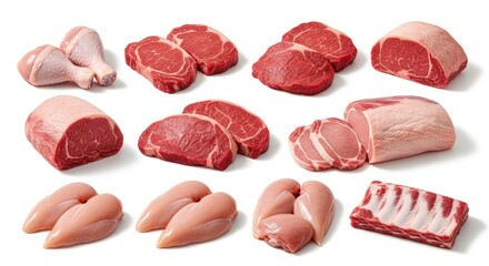 Assortment of raw fresh meats including beef chicken and lamb cuts on white background