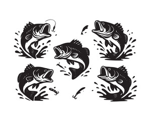 Dynamic Bass Fish Jumping Collection for Fishing Enthusiasts Old Nautical Illustration Pack – Vintage Fish and Sea Life Art