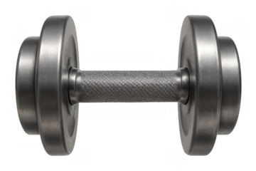 Metal dumbbell displaying its robust steel design for fitness, strength training, and muscle building exercises, on a transparent background