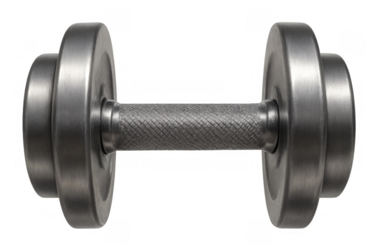 Metal dumbbell displaying its robust steel design for fitness, strength training, and muscle building exercises, on a transparent background