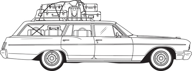 Vintage station wagon loaded for a road trip adventure