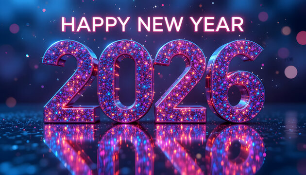 Happy New Year 2026 glitter numbers with neon lights celebration