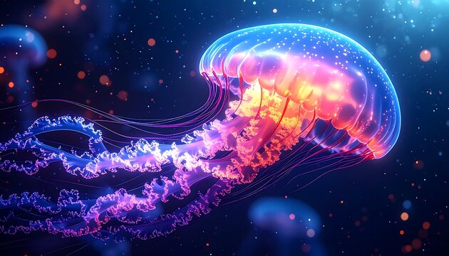 Glowing jellyfish floats in a dark ocean, surrounded by lights