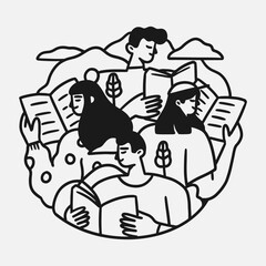 flat illustration folk design cloud book read boy and girl