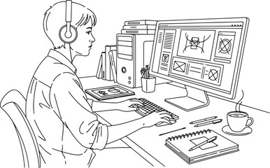 Artist working on digital art with headphones at computer desk
