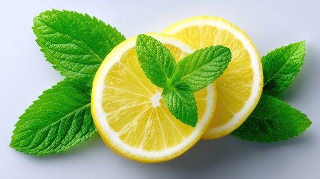 Close up of two bright yellow lemon slices with fresh green mint leaves and water droplets on a plain light background with studio lighting